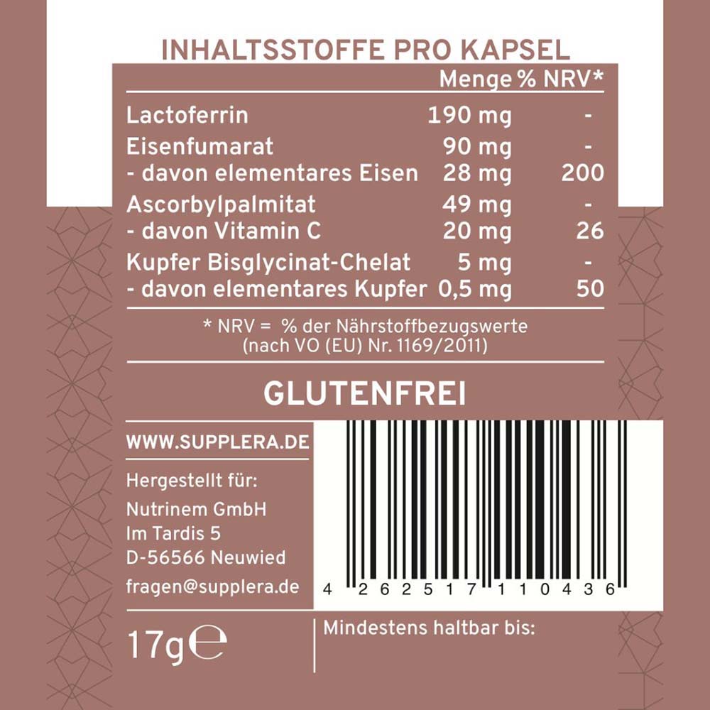 Inhaltsstoffe und Nährwertangaben der Supplera Eisenkapseln mit Barcode